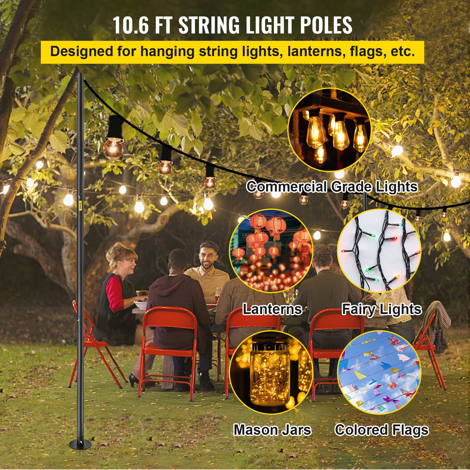 VEVOR String Light Poles， 4 Pack 10.6ft， Outdoor Powder Coated Steel Lamp Post with Hooks to Hang Lantern and Flags， Decorate Garden， Backyard， Patio， Deck， for Party and Wedding， Black