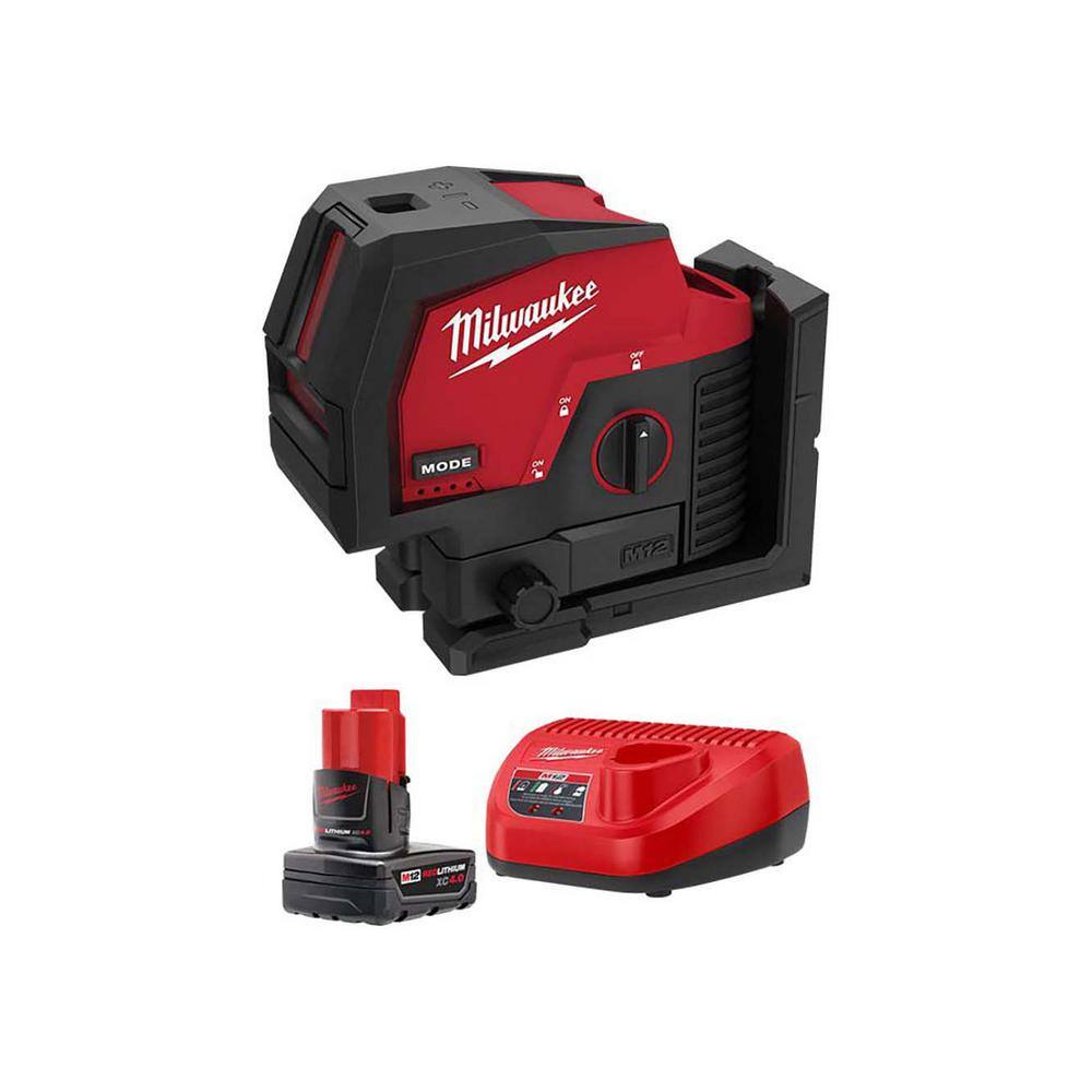 MW M12 12-Volt Lithium-Ion Cordless Green 125 ft. Cross Line and Plumb Points Laser Level with 4.0 Ah Battery and Charger 3622-20-48-59-2440