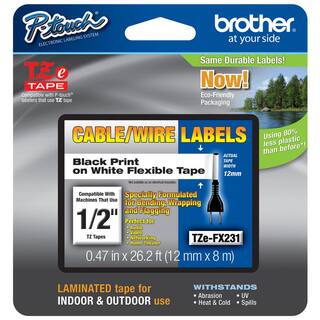 Brother .5 in. x 26-15 ft. Electrical Tape Black on White CableWire TZe-FX231SP