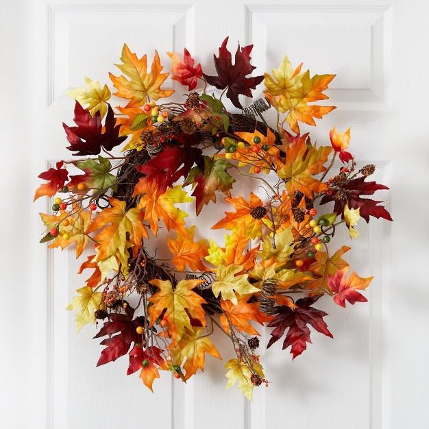 Nearly Natural 24 Autumn Maple Leaf And Berries Artificial Fall Wreath With Twig Base