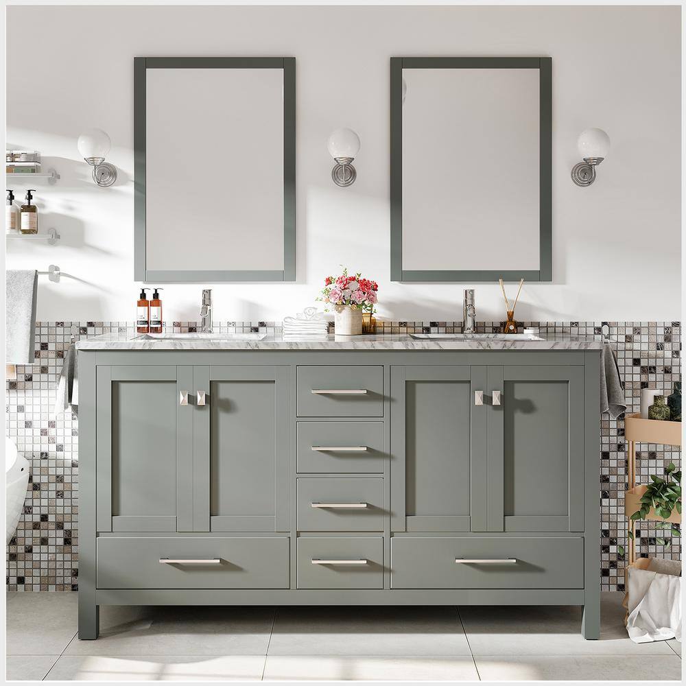 Eviva London 60 in. W x 18 in. D x 34 in. H Double Bathroom Vanity in Gray with White Carrara Marble Top with White Sinks TVN414-60X18GR