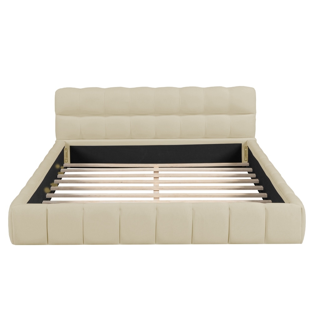 Queen Grounded Bed Thick Fabric Low Profile Upholstered Platform Bed  Beige