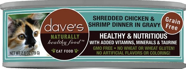 Dave's Pet Food Shredded Chicken and Shrimp Dinner in Gravy Recipe Wet Cat Food， 2.8-oz can， case of 24