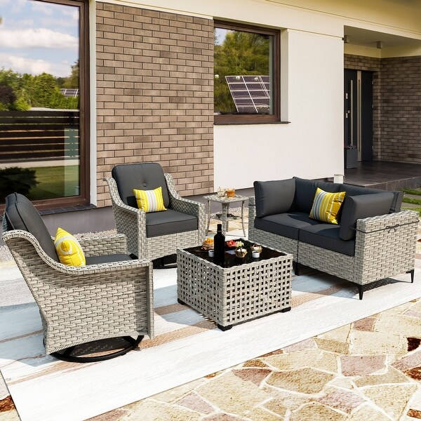 OVIOS 6 Pieces Outdoor Wicker Swivel Chair Set With SolarPowered Coffee Table