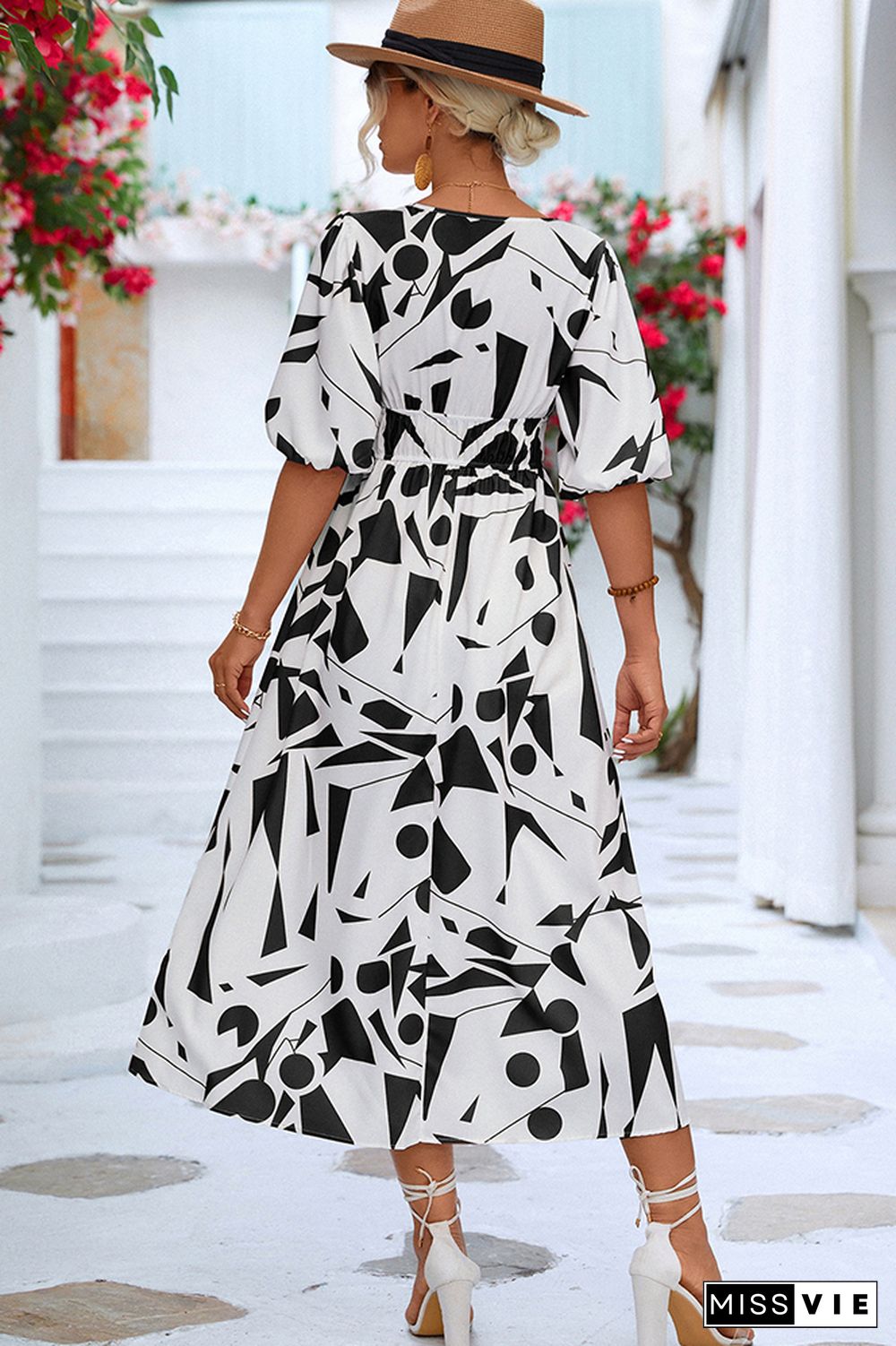 Wrap V Neck Geometric Print Bubble Sleeves Maxi Dress