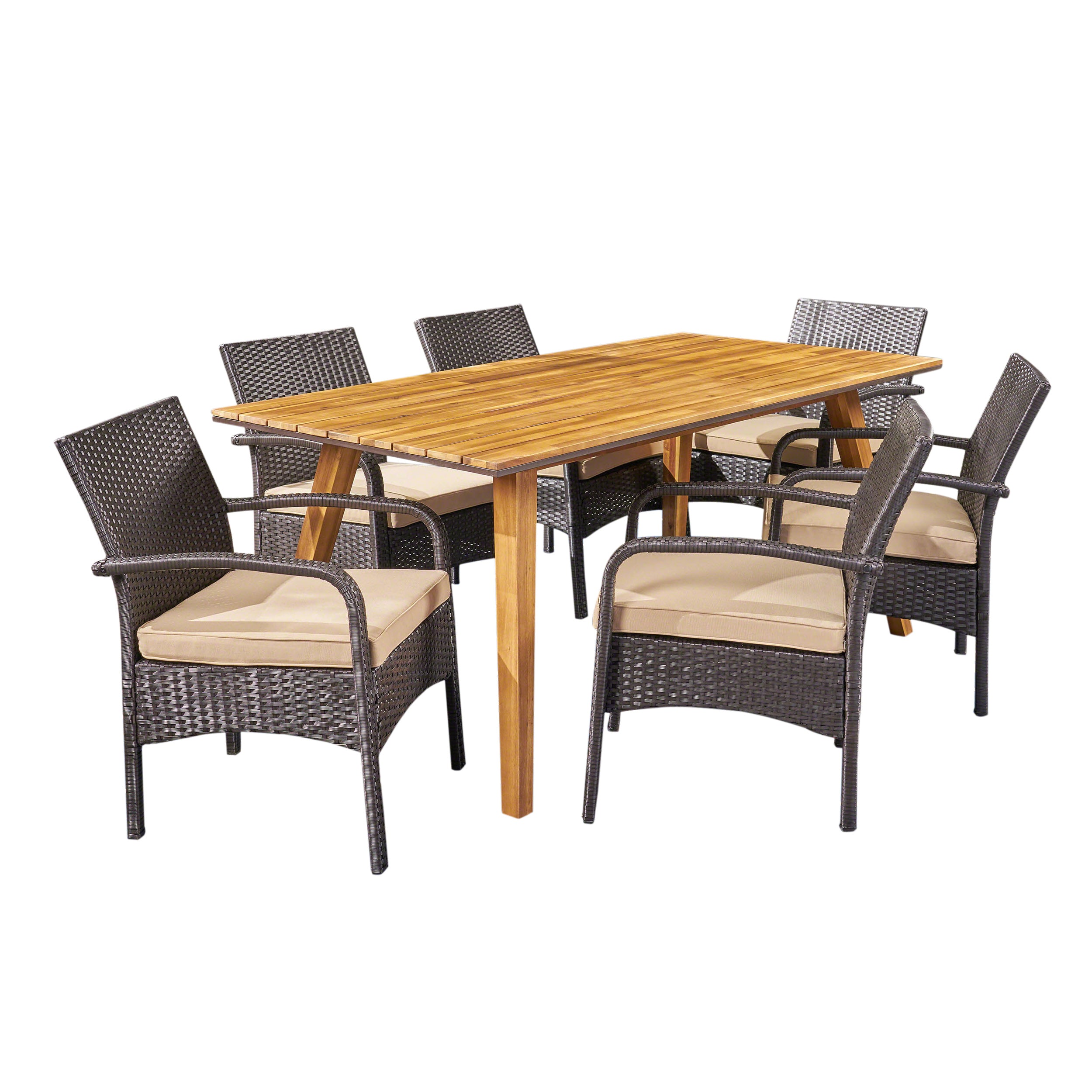 Elizabeth Outdoor 7 Piece Acacia Wood Dining Set with Wicker Chairs, Teak and Brown and Tan