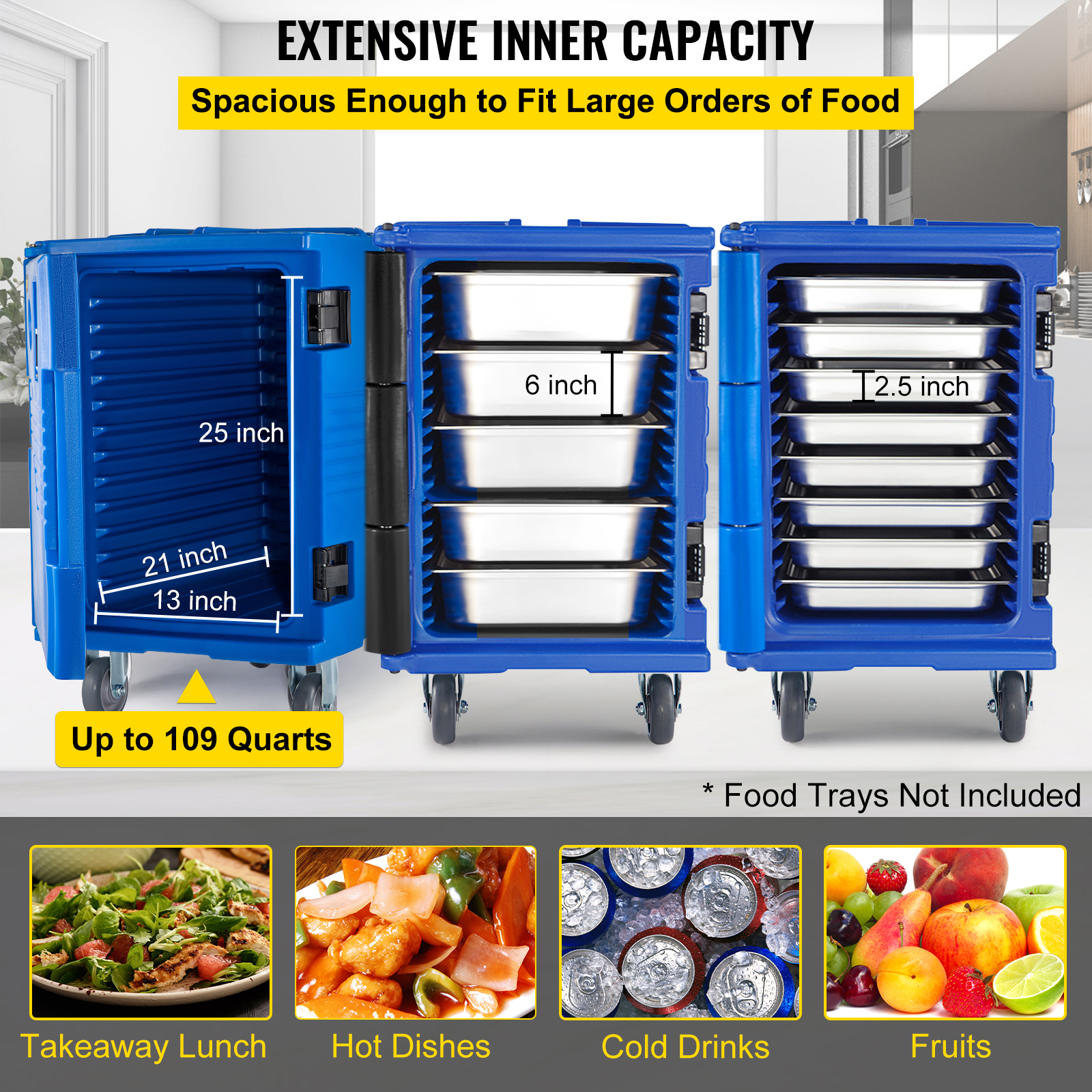 VEVOR Insulated Food Pan Carrier 109 Qt Hot Box for Catering， LLDPE Food Box Carrier with Double Buckles， Front Loading Food Warmer with Handles， End Loader with Wheels for Restaurant， Canteen， Etc.