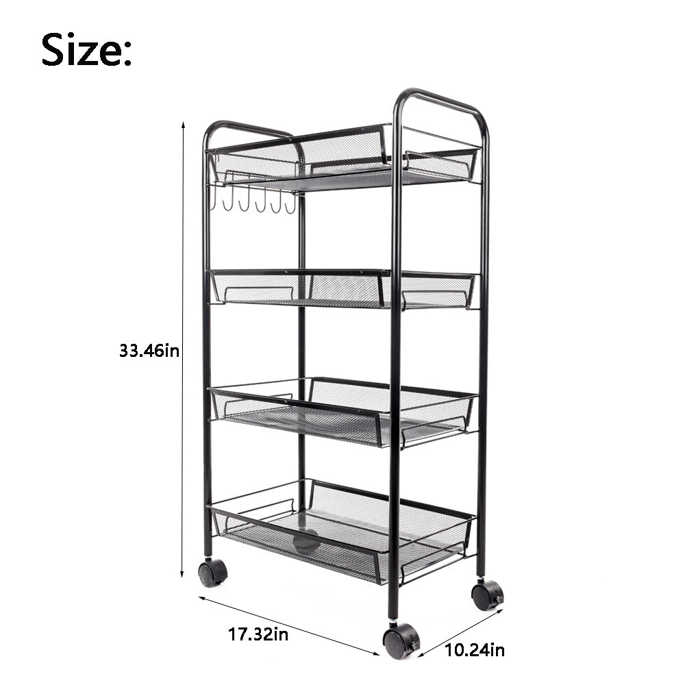 4-Tier Wire Rolling Cart， Space-Saving Removable Storage Cart， Mesh Metal Organization Cart on Wheels， Kitchen Storage Organizer， Standing Shelf Rack Units for Kitchen， Home， Office， Bedroom， K1276