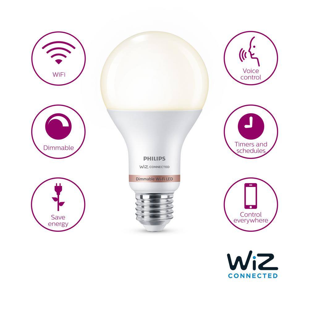 Philips 100-Watt Equivalent A21 LED Smart Wi-Fi Light Bulb Soft White (2700K) powered by WiZ with Bluetooth (4-Pack) 562371