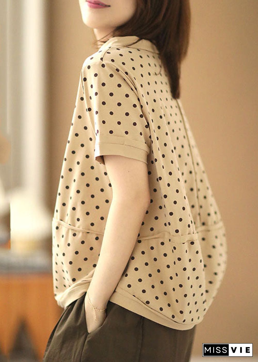 Beautiful Apricot Turn-down Collar Patchwork Dot Print Cotton Shirts Short Sleeve