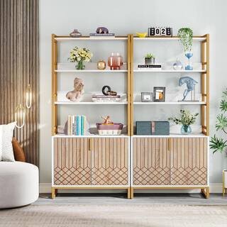 BYBLIGHT Eulas 28 in. Wide White 6 Shelf Cabinet Bookcase Gold Bookshelf with Doors Tall Modern Open Display Shelf BB-XK00200XF