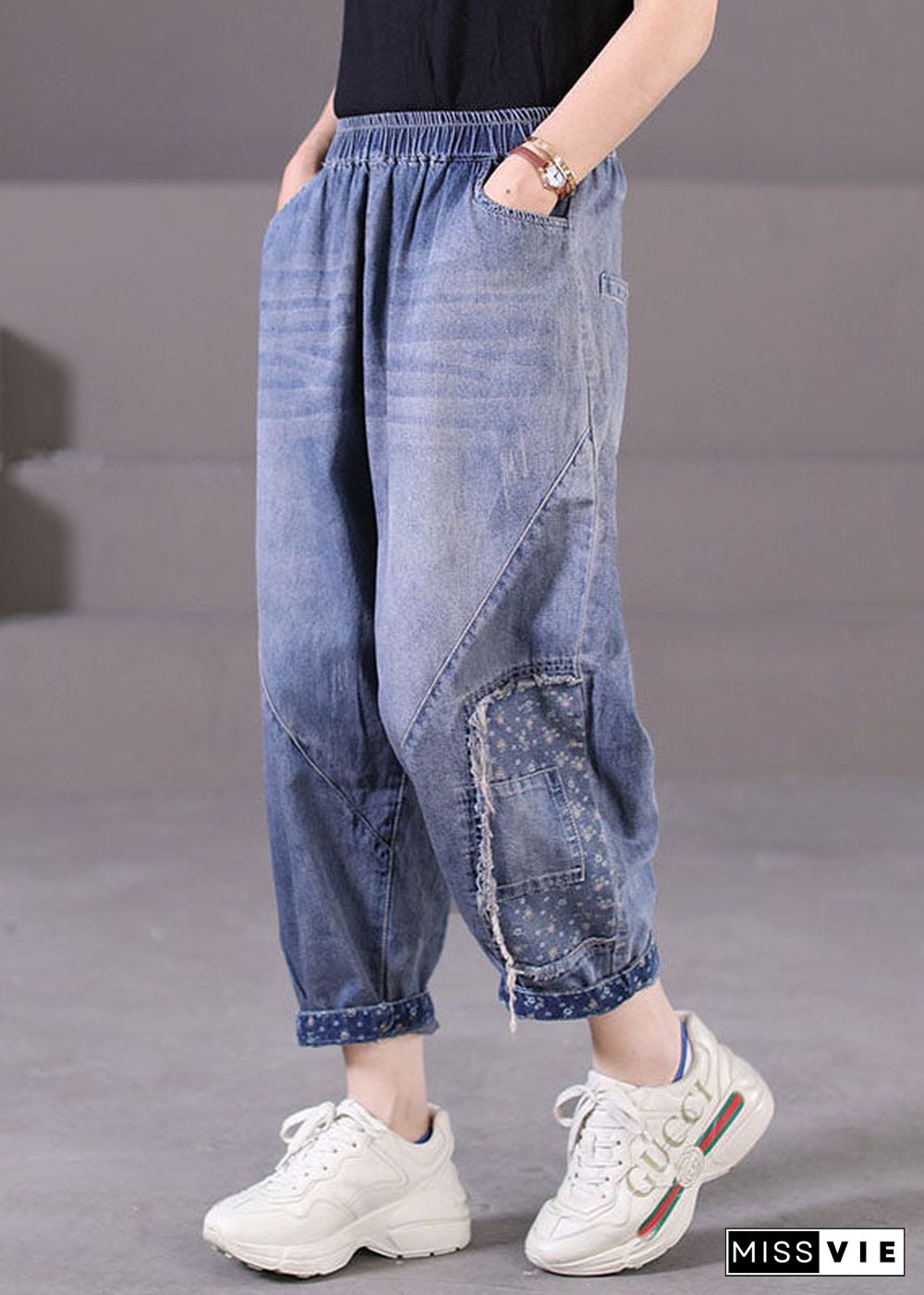 Plus Size Blue Elastic Waist Pockets Patchwork Applique Cotton Denim Harem Pants Summer