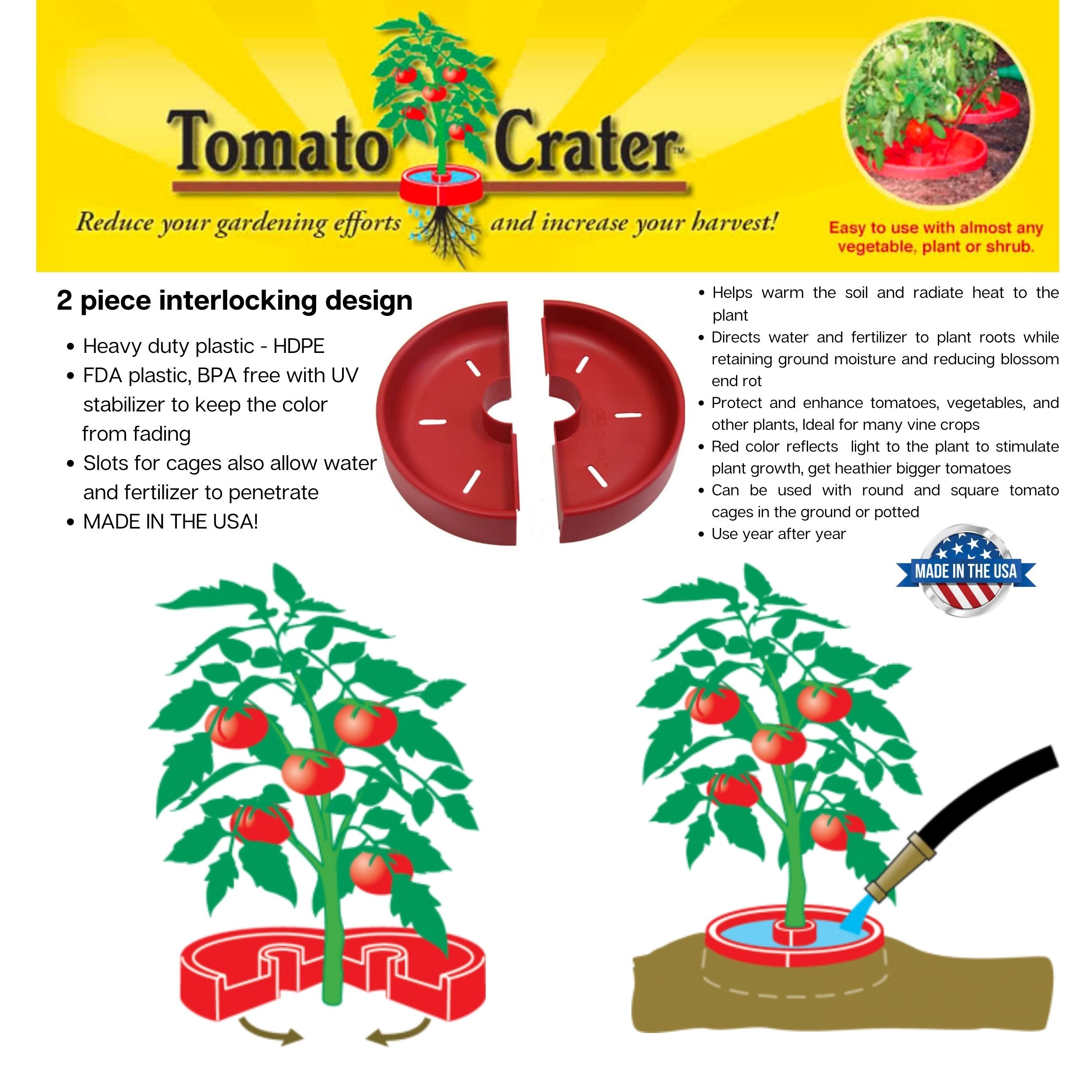 Tomato Crater Vegetable Garden Watering Trough Tray, Enhances Crop Growth, Directs Fertilizer and Water to the Roots, Warms Soil, Prevents Cutworms, Weed Control, Accepts Tomato Cages 12”