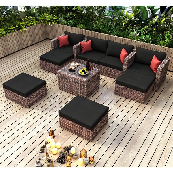 10 Pieces Outdoor Patio Garden Brown Wicker Sectional Sofa Conversation Set - Overstock - 37543688