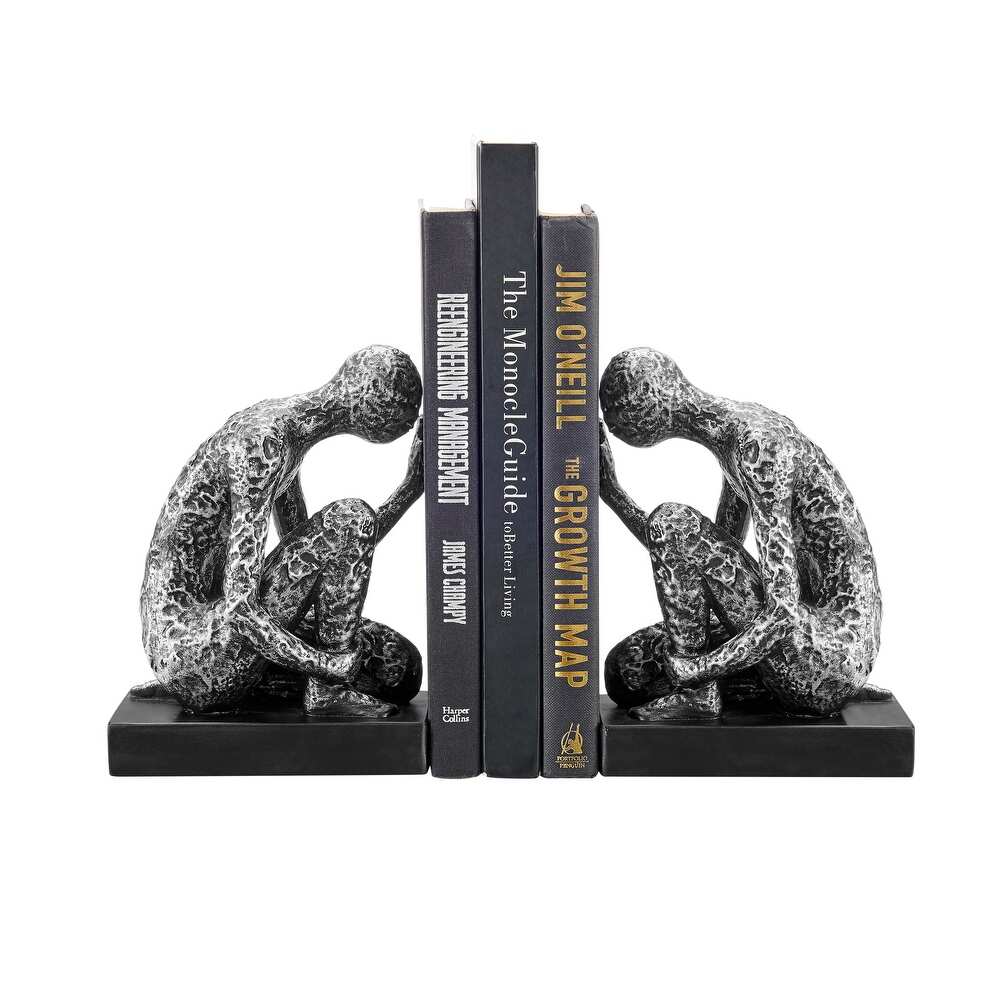 Danya B. Kneeling Figure Sculptures Polyresin Silver and Black Finish Bookend Set of 2