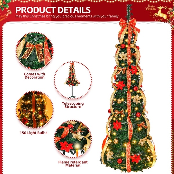 6 ft. Fully Decorated PreLit Pop Up Artificial Christmas Tree with 150 LED Lights and Red/Golden Ornaments