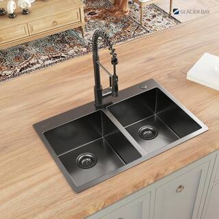 Glacier Bay Gunmetal Black Stainless Steel 33 in. 18 Gauge Double Bowl Dual Mount Kitchen Sink with Black Spring Neck Faucet ACS3322A2T-F