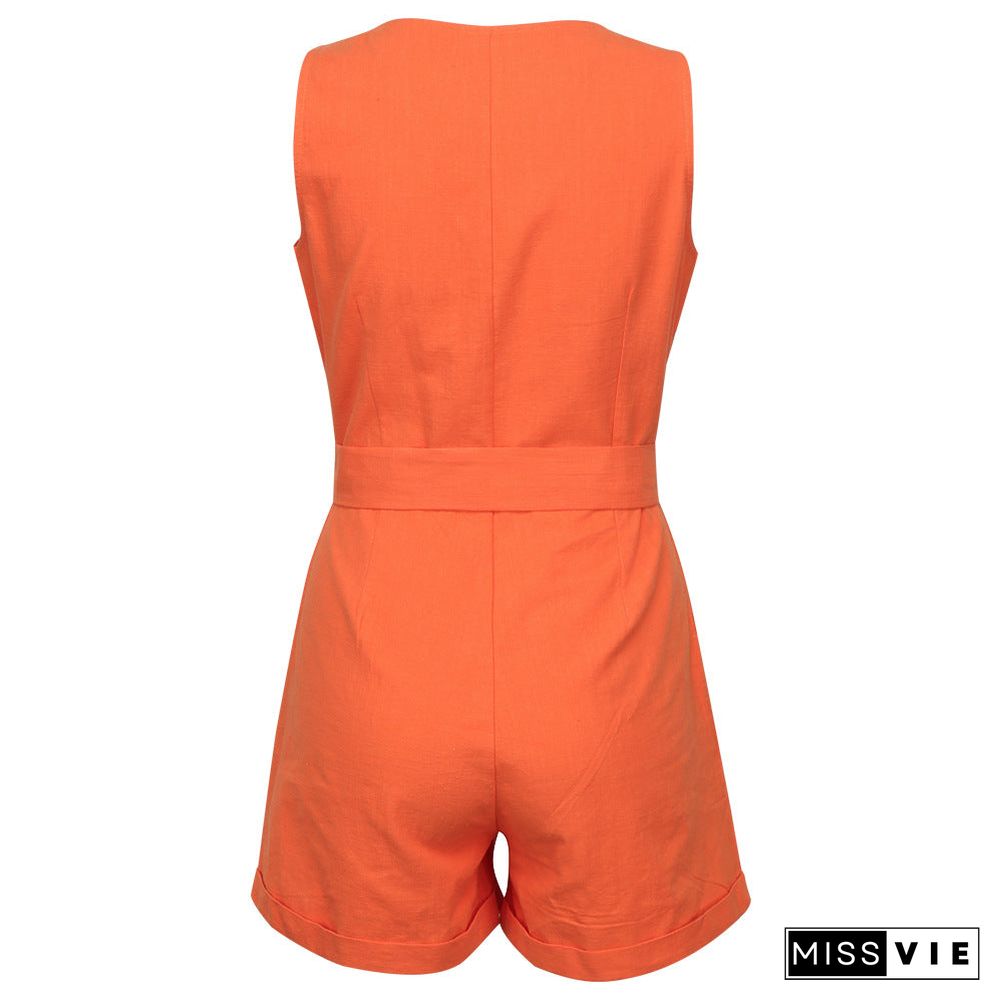 Waistband V-Neck Sleeveless Shorts Jumpsuit