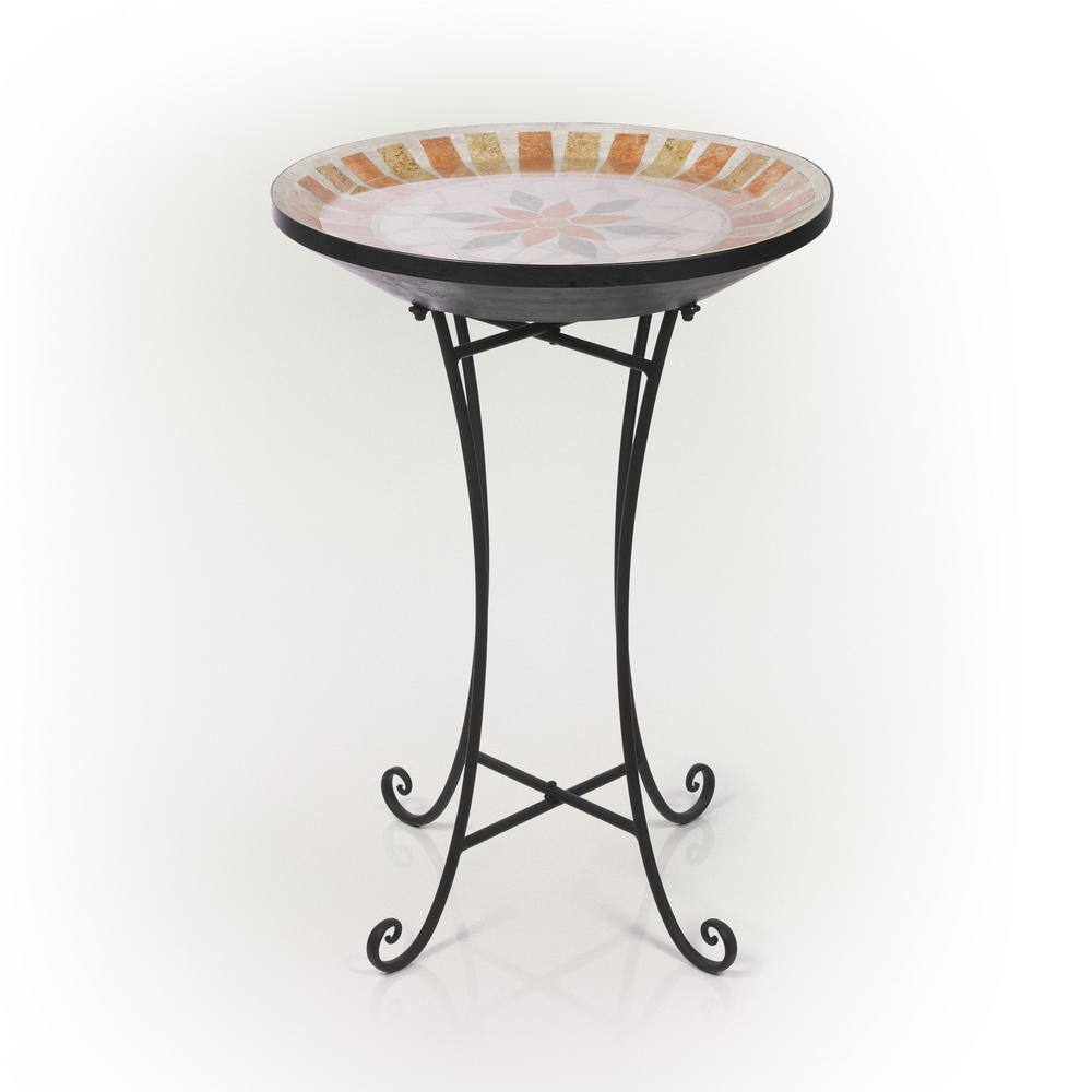 Alpine Corporation 25 in. H Outdoor Decorative Mosaic Birdbath with Metal Stand， Tan/Beige JFH920