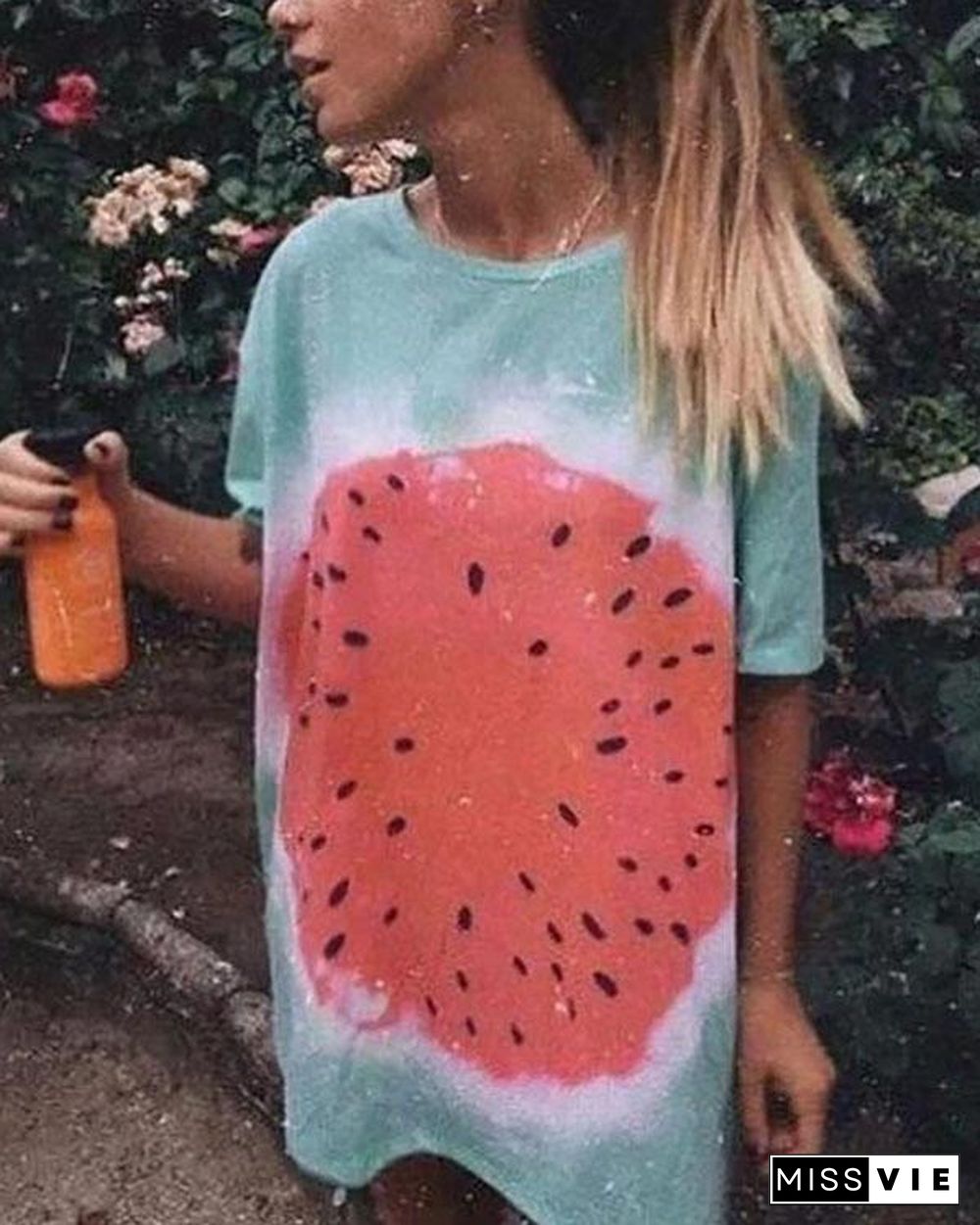 Watermelon Tie-dye Printed Casual Long T-shirt