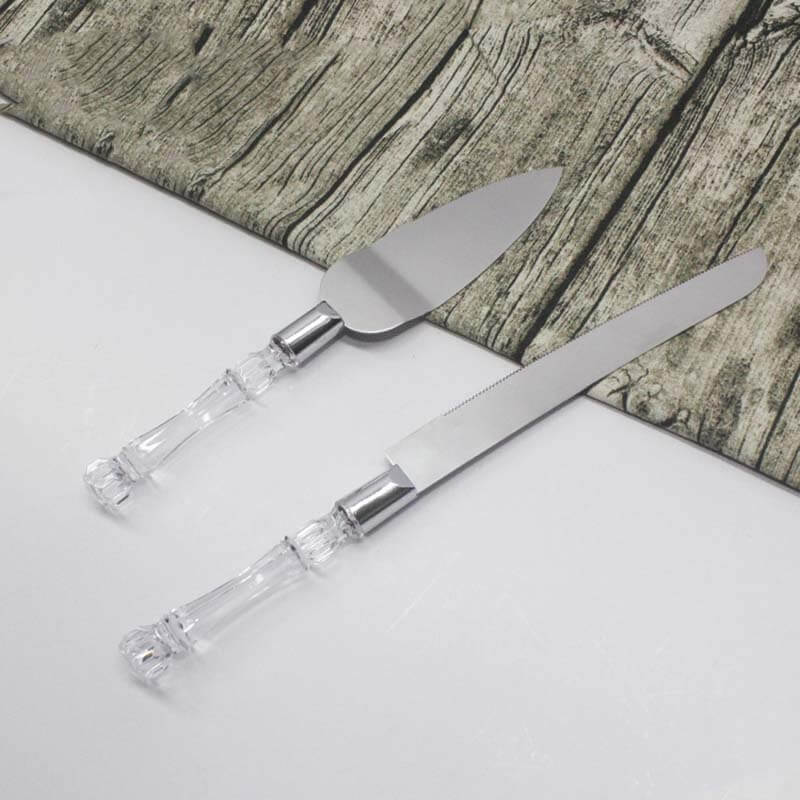 2 Set Stainless Steel Knife and Server Party Favors Set With Clear Acrylic Handle Free Gift Box 10