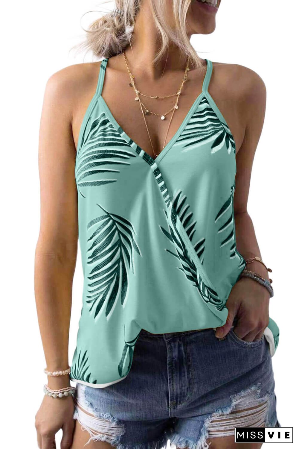 Green Tropical Plant Print Tank Top