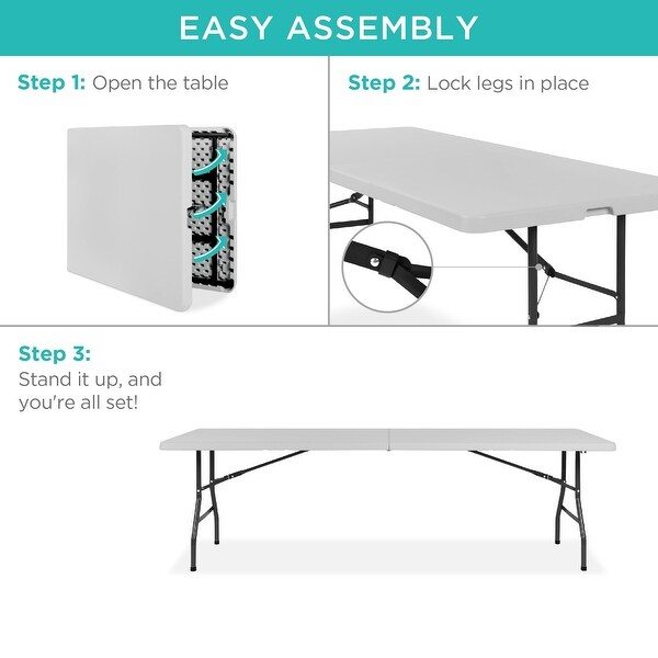 8ft Plastic Folding Table，Indoor Outdoor Heavy Duty Portable w/Handle，Lock for Picnic，Party，Pong，Camping