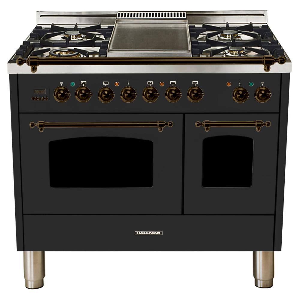 Hallman 40 in. 4.0 cu. ft. Double Oven Dual Fuel Italian Range True Convection5 Burners LP Gas Bronze TrimMatte Graphite HDFR40BZMGLP