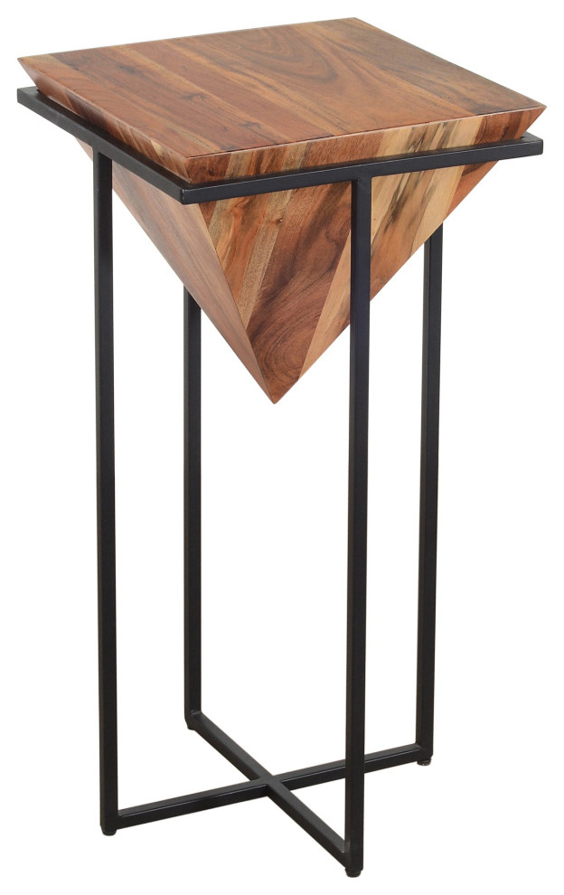 30 Inch Pyramid Shape Wooden Side Table With Cross Metal Base  Brown And Black   Industrial   Side Tables And End Tables   by VirVentures  Houzz