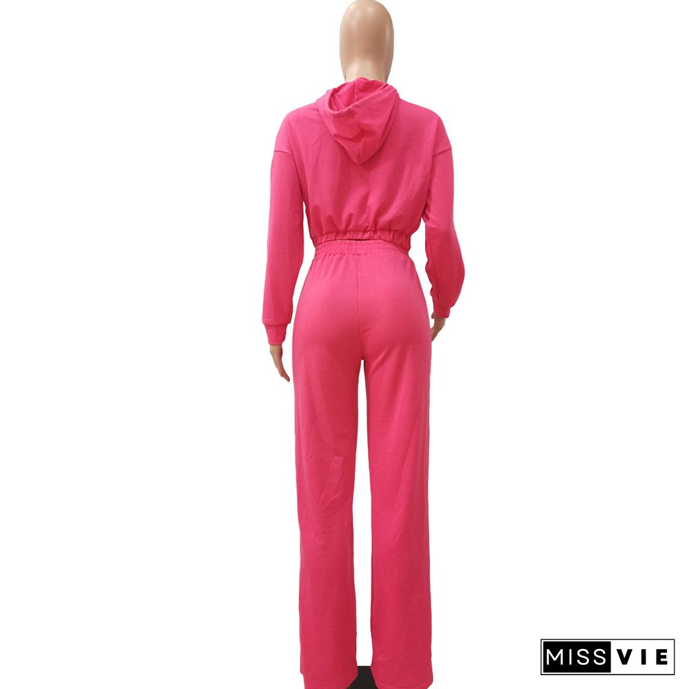 Solid Color Hooded Crop Top Wide Leg Pants Tracksuit