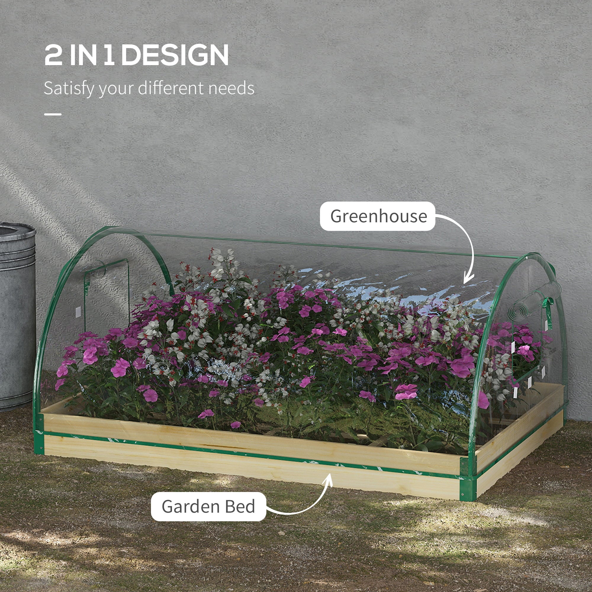 Outsunny 4' x 3' x 2' Raised Garden Bed with Greenhouse, Wooden Planter Box with PVC Plant Cover, Roll Up Windows, Dual Use for Vegetables, Flowers, Natural