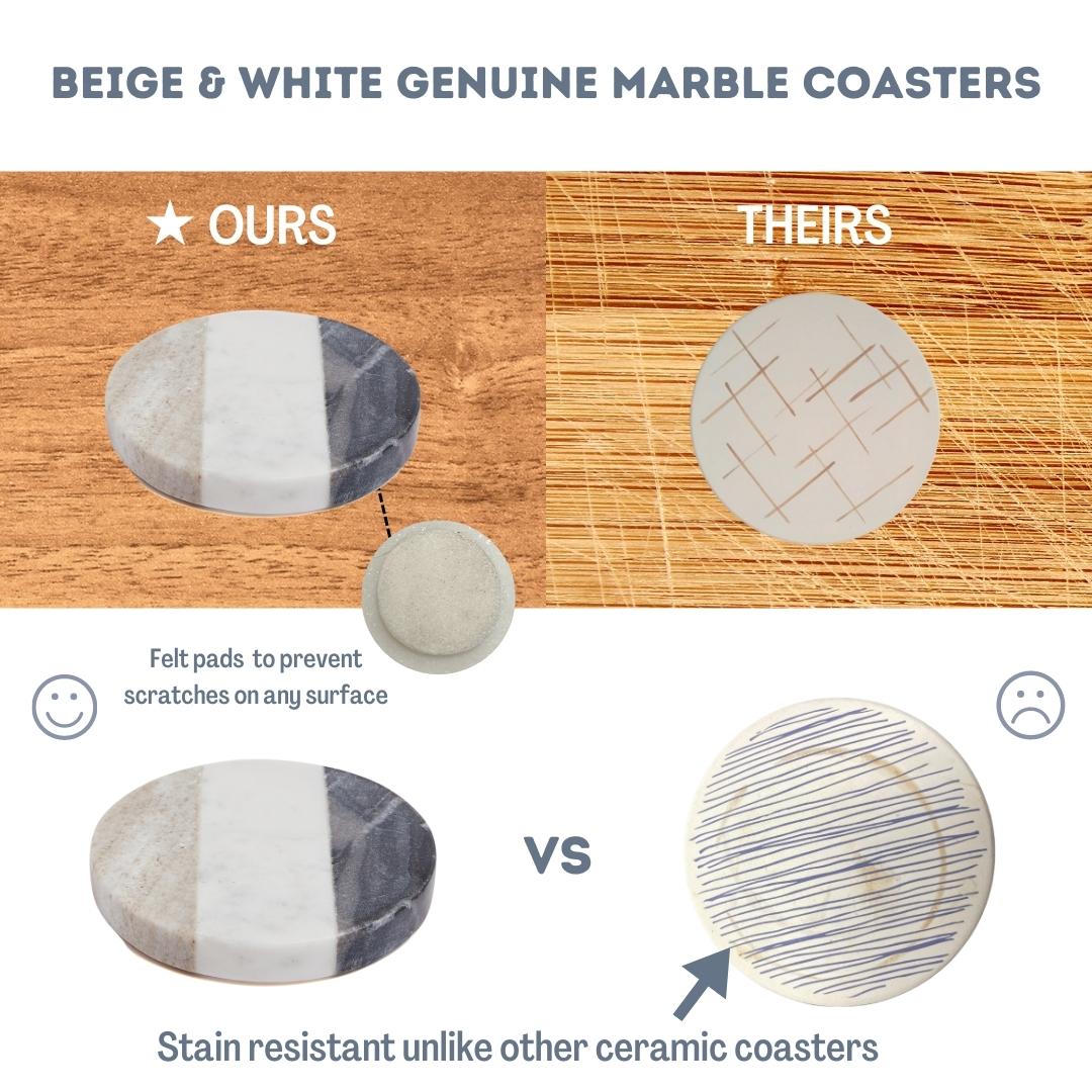 Lexi Home Round Genuine Marble Coasters with Inlay Design - Beige White