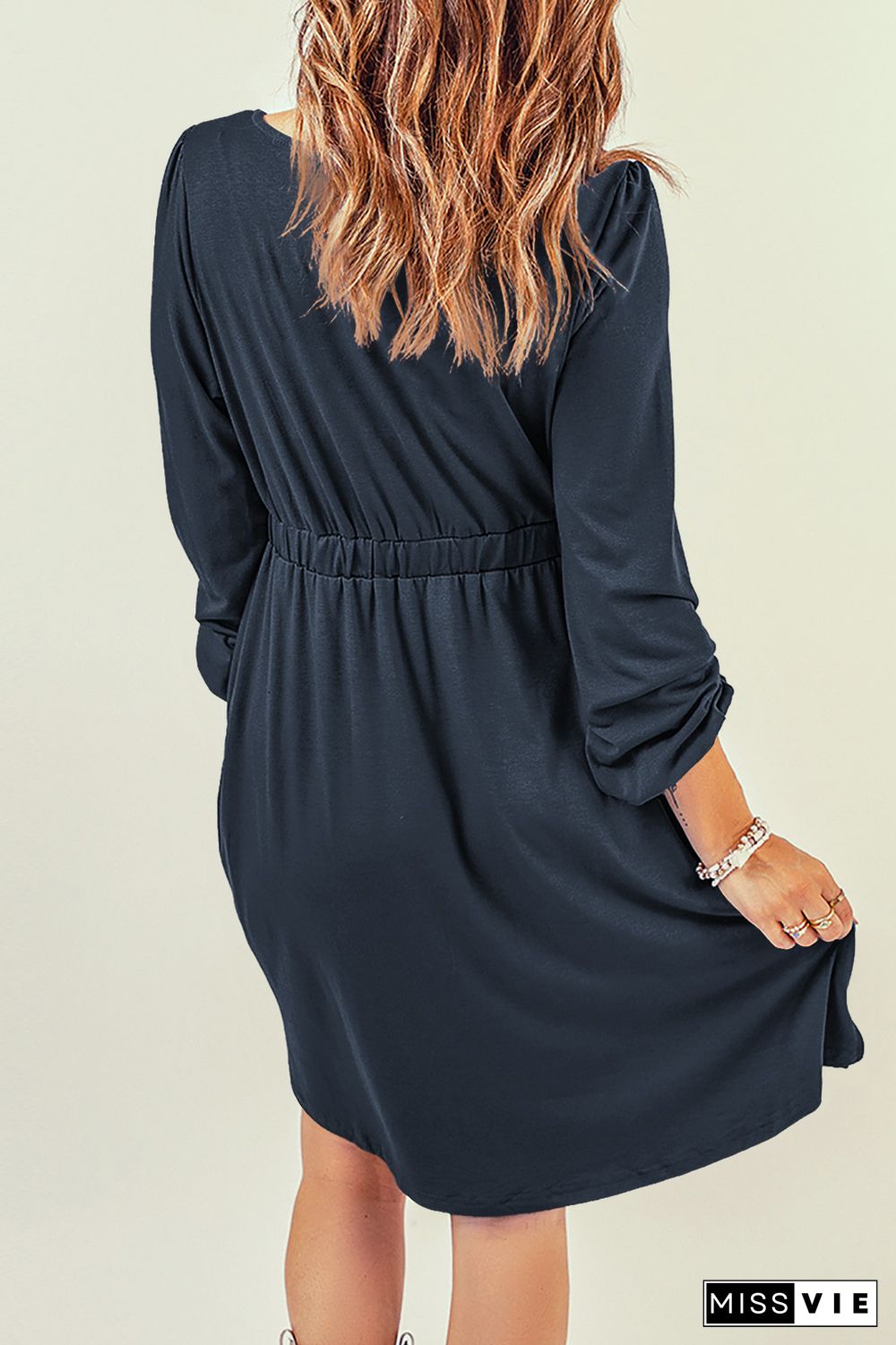 Dark Blue Button Up High Waist Long Sleeve Dress