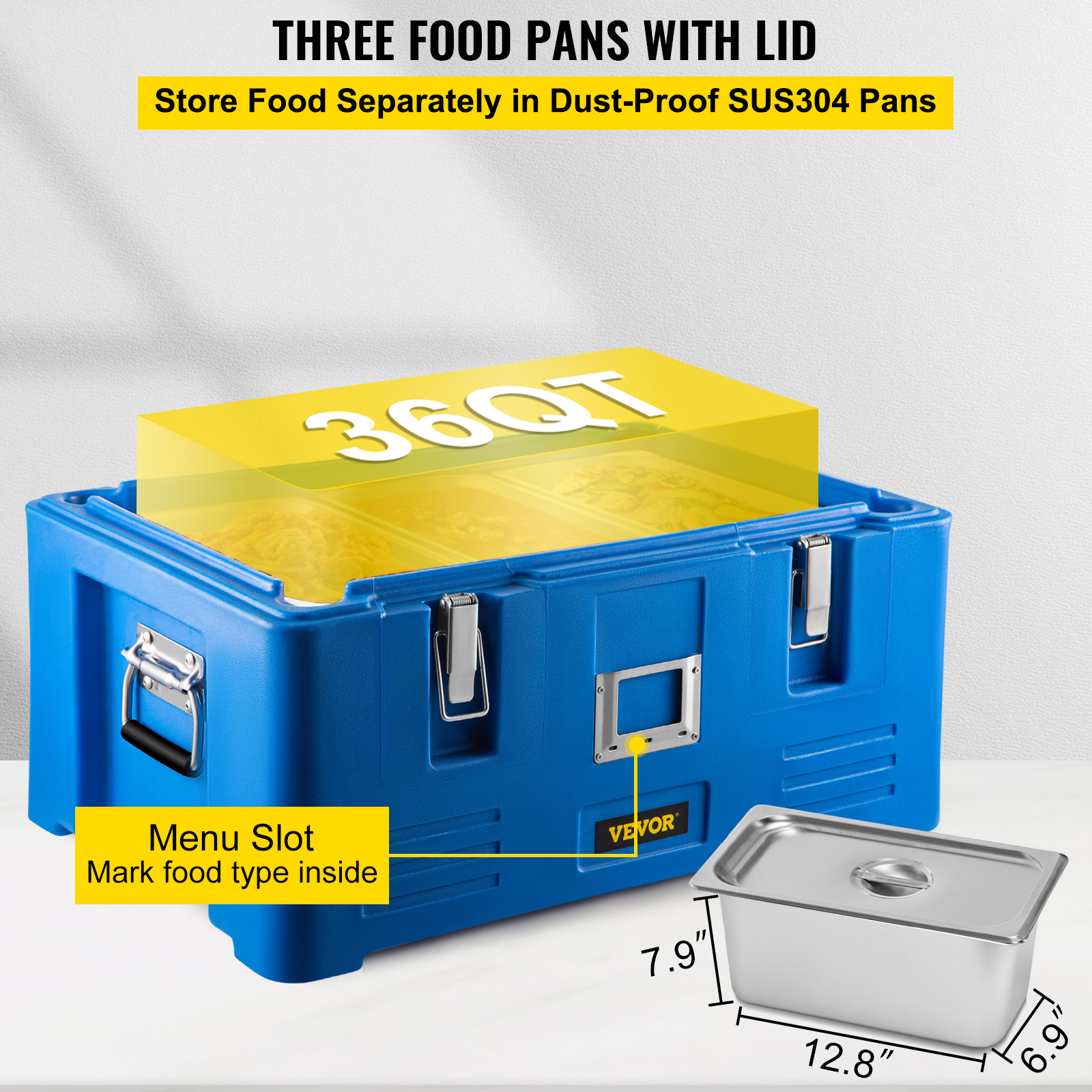 VEVOR Insulated Food Pan Carrier， 36Qt Capacity， Stackable Catering Hot Box with 3 Stainless Steel Pans， Top Load LLDPE Food Warmer with Elastic Side Handles and Buckles， for Restaurant Canteen， Blue