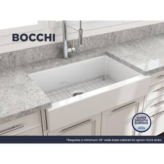 BOCCHI Nuova Pro 34 in. Short Apron Drop-InUndermount Single Bowl White Fireclay Kitchen Sink with Grid in. Strainer 1551-001-0120