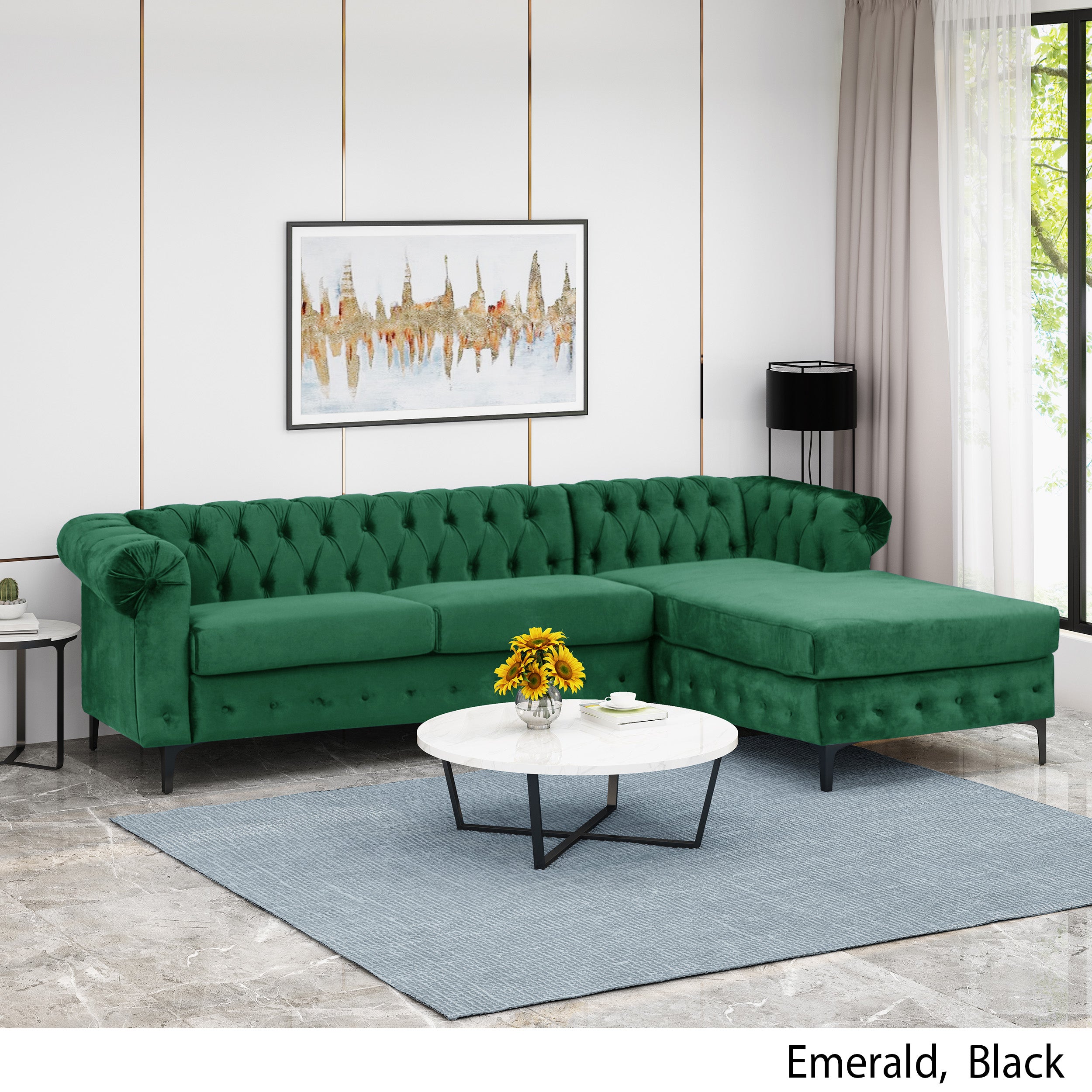 Juelz Contemporary Velvet 3 Seater Sectional Sofa with Chaise Lounge