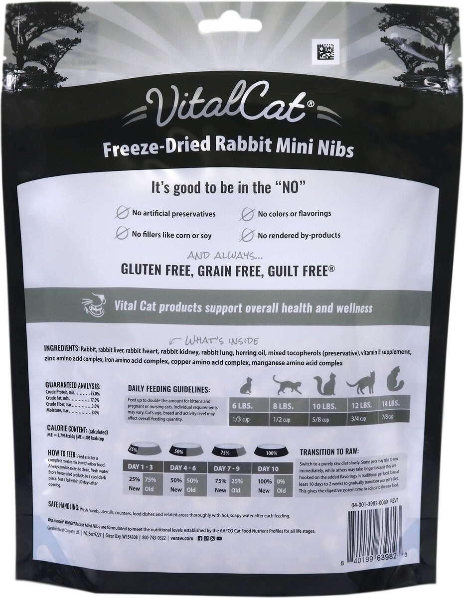 Vital Essentials Vital Cat Freeze-Dried Rabbit Mini Nibs Cat Food， 8-oz bag