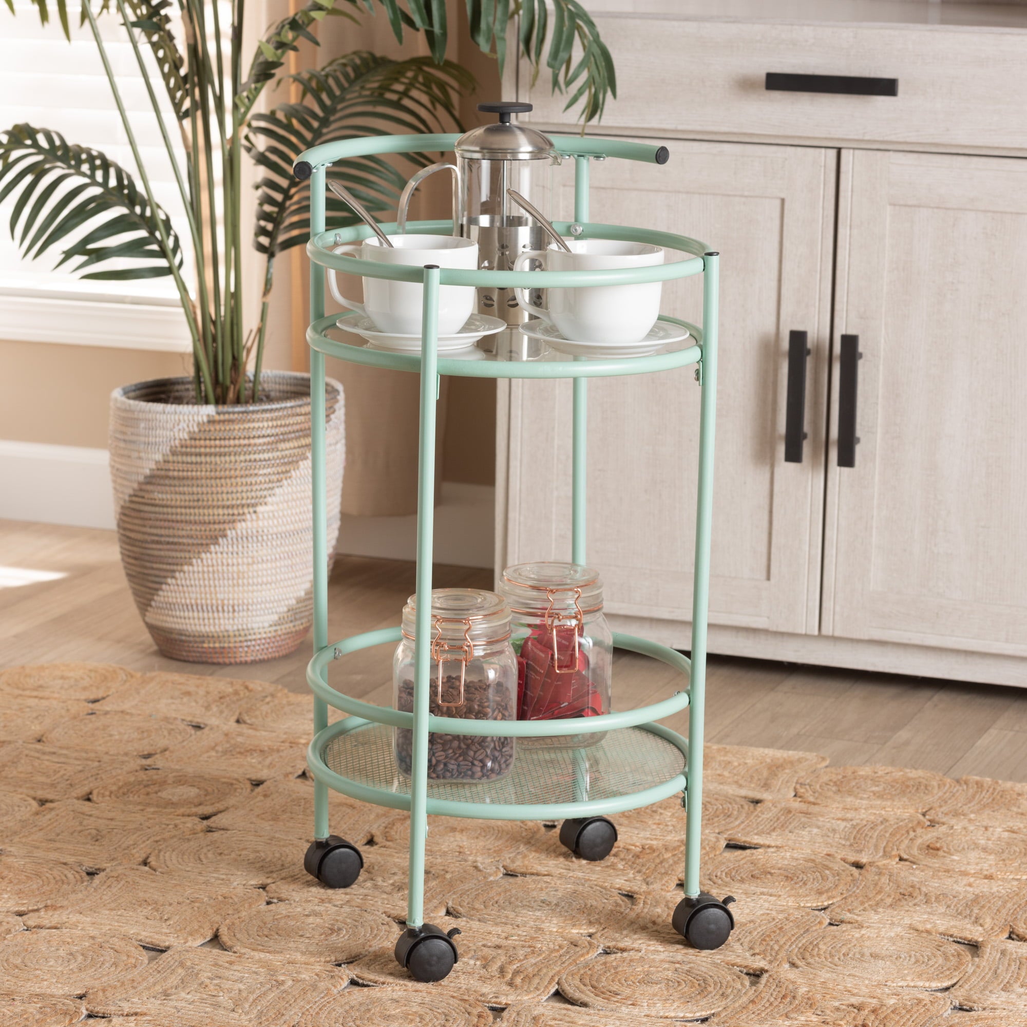 Baxton Studio Newell Mid-Century Modern Mint Green Finished Metal 2-Tier Kitchen Cart