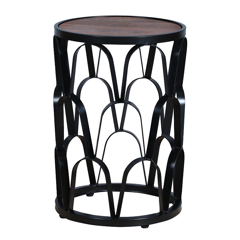 23 Inch End Side Table， Round Mango Wood Top， Lattice Cut Out Iron Frame， Brown， Black