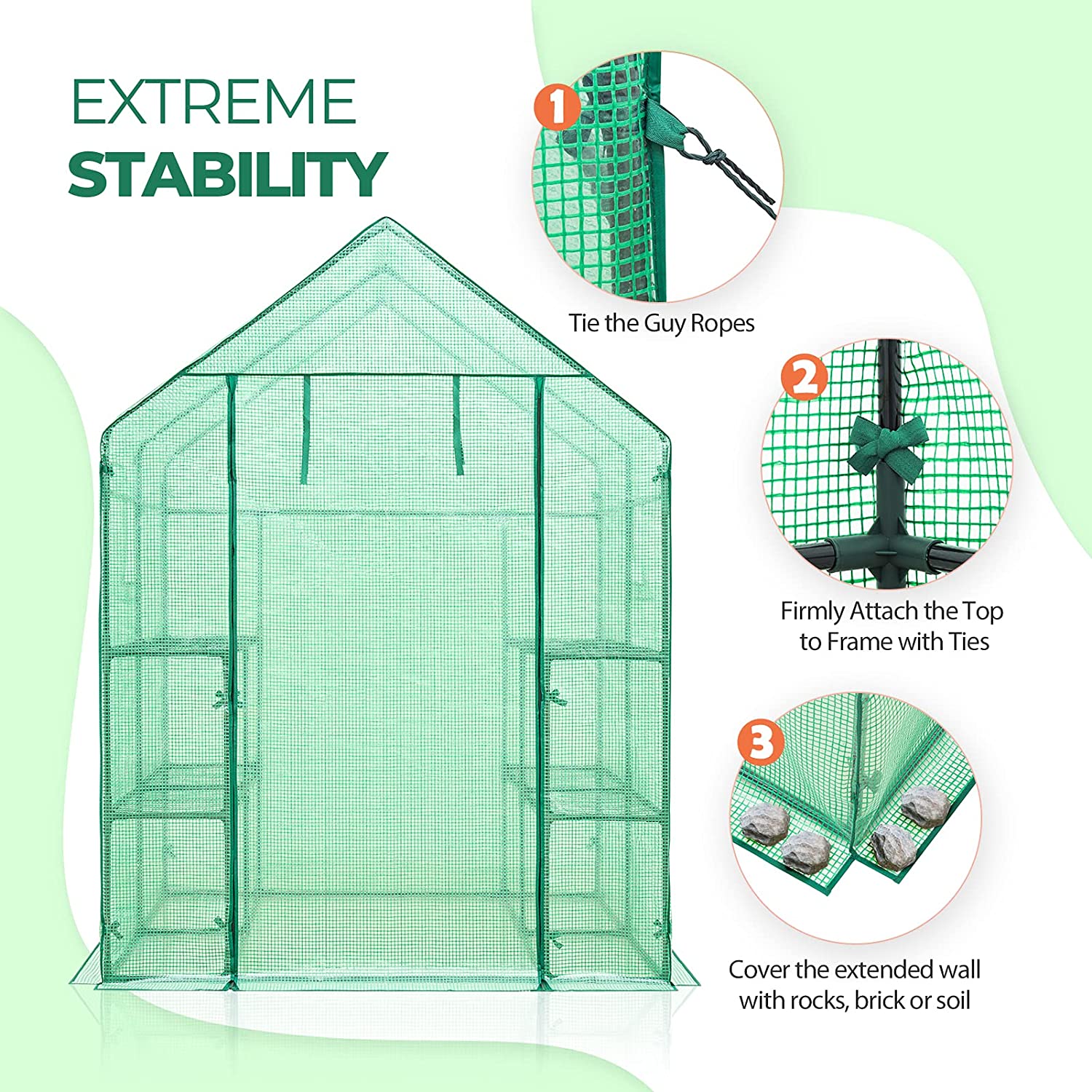 EAGLE PEAK Walk-in Greenhouse 2 Tiers 8 Shelves with Roll-up Zipper Door and 2 Side Mesh Windows, Outdoor Indoor Portable Gardening Plant House 56'' x 56'' x 77'' , Green