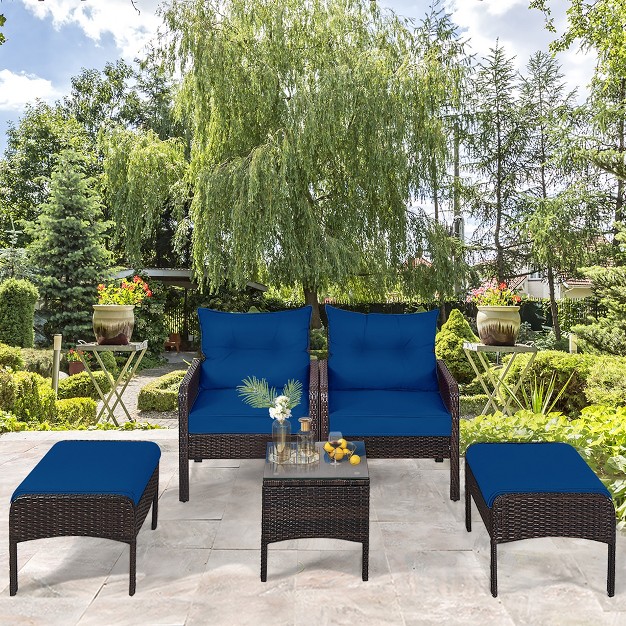 Tangkula 5pcs Patio Set Sectional Rattan Wicker Furniture Set W Navy Cushion