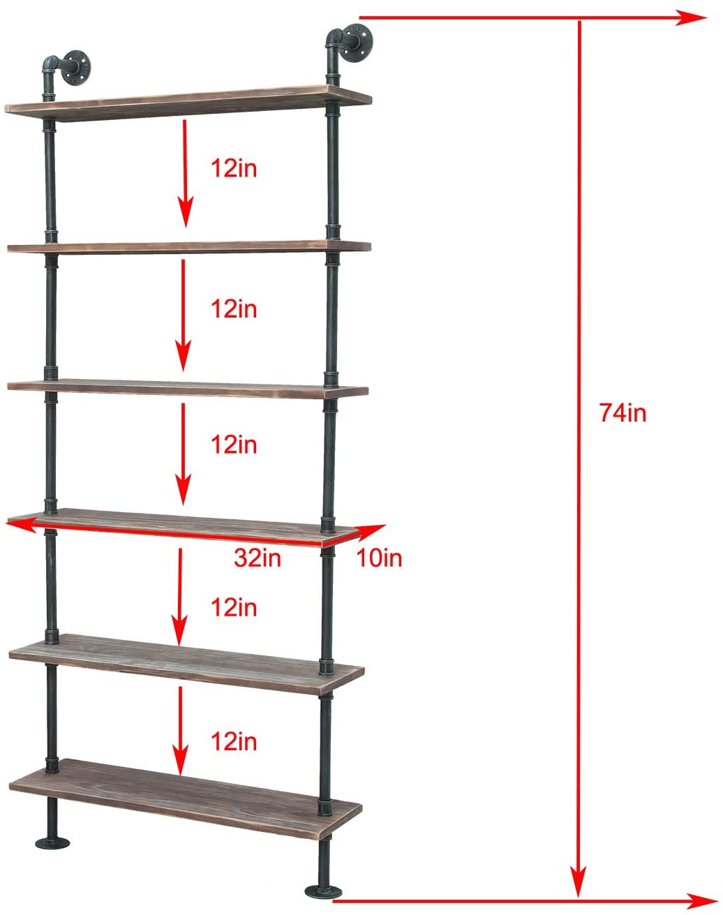 Industrial Pipe Shelves Rustic Wood Ladder Bookshelf Wall Mounted Shelf for Living Room Decor and  (32in  6 Layers)