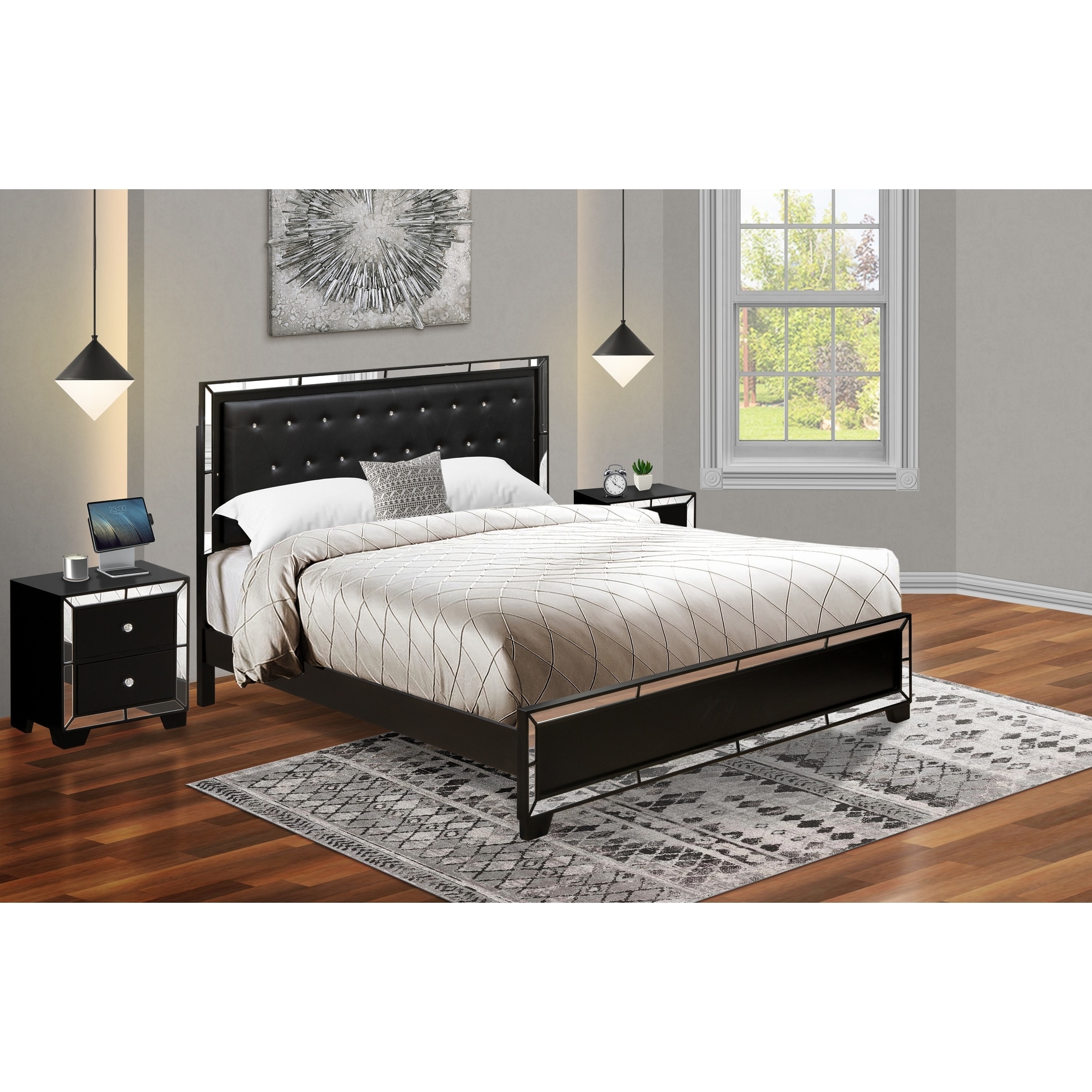 3-Piece King Bedroom Set with Light Up headboard - Bed and 2 Night Stands for Bedrooms - Black Faux Leather Headboard - - 34142358