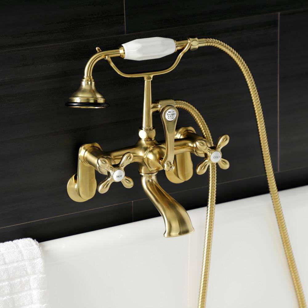 Kingston Brass Aqua Vintage 2-Handle Wall-Mount Clawfoot Tub Faucets with Hand Shower in Brushed Brass HAE57T7