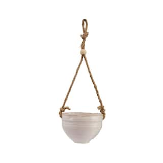 Storied Home White Ceramic Round Hanging Baskets with Wood Beaded Rope AH2816