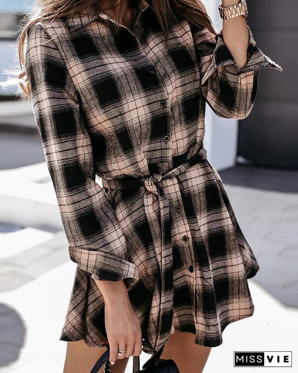 Plaid Colorblock Long Sleeve Shirt Dress P13915