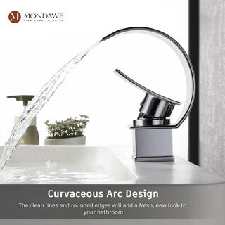 Mondawe Luxury C Waterfall Single Lever Handle Arc Spout Single-Hole Bathroom Sink Faucet with Pop-up Drain in Polish Chrome WF-1381-C