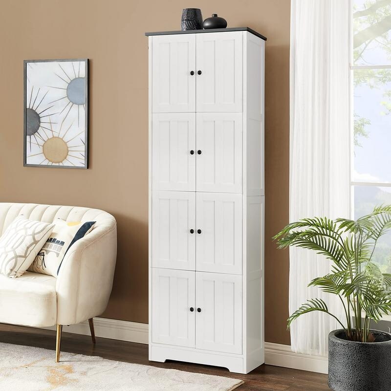 Tall Storage Cabinet with 4 Doors and 4 Shelves  Wall Storage Cabinet