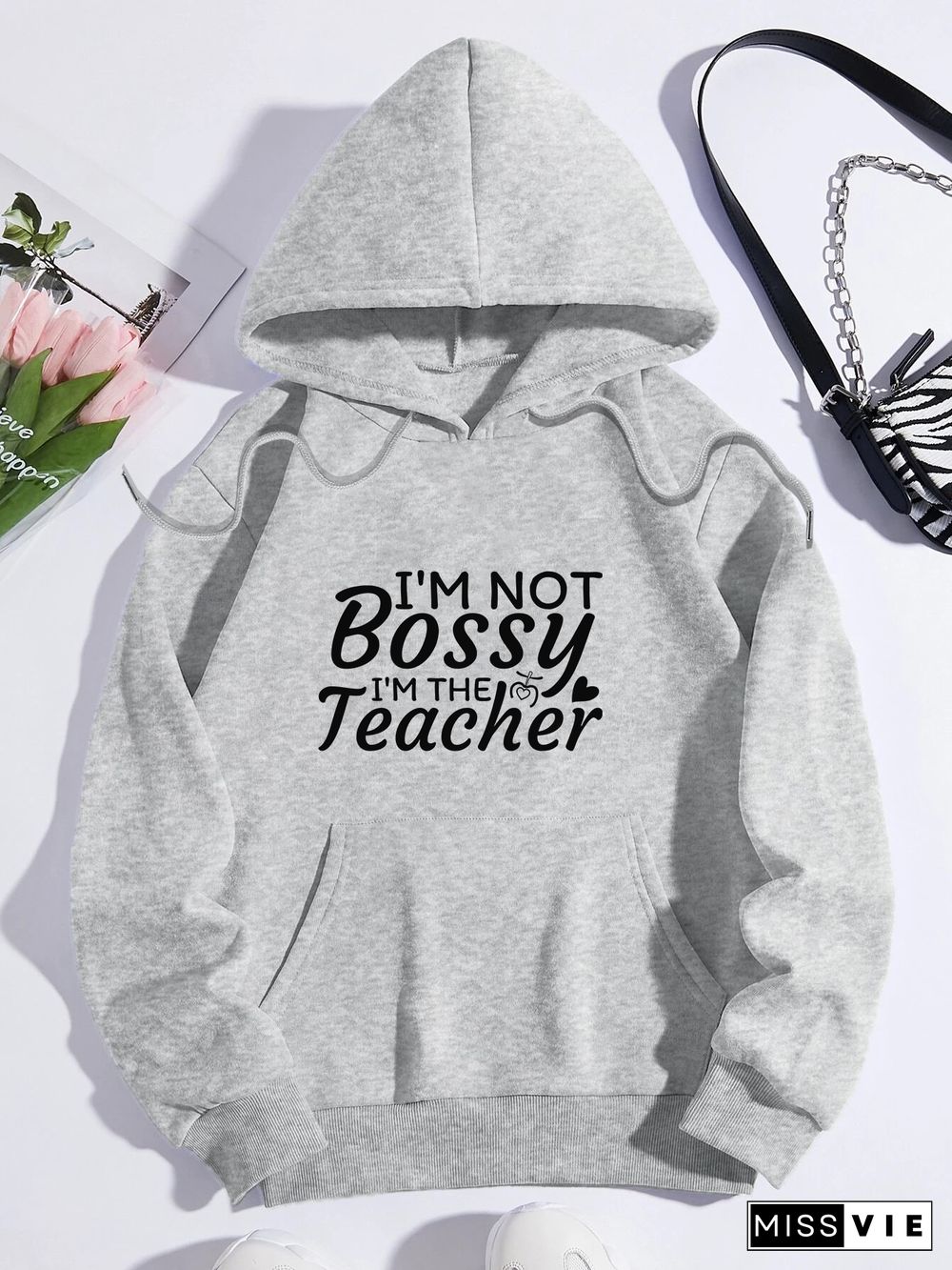 Printed on front Kangaroo Pocket Hoodie Long Sleeve for Women Pattern I'm not a bossy teacher