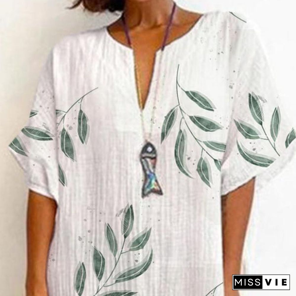 Leisure Cotton And Linen Leaf Print Split Dress